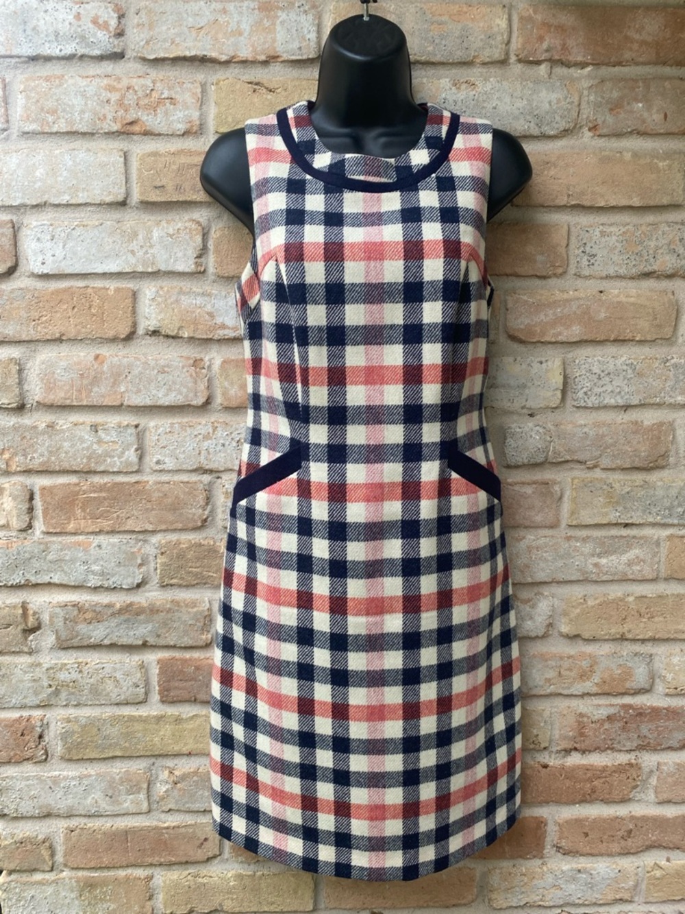Boden Navy, Cream & Pink Sleeveless Plaid Midi Dress